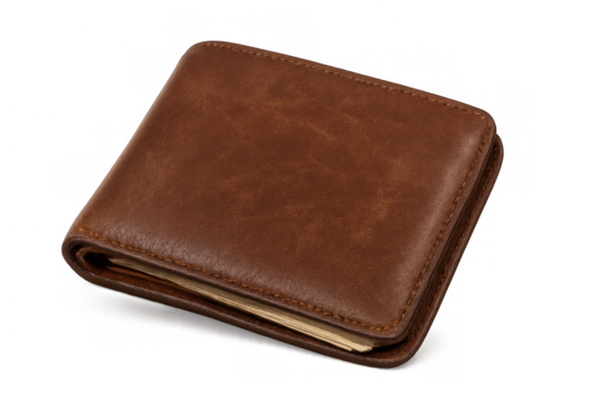 Brown leather wallet with money inside on transparent background representing finance, economy, and saving - Powered by Adobe