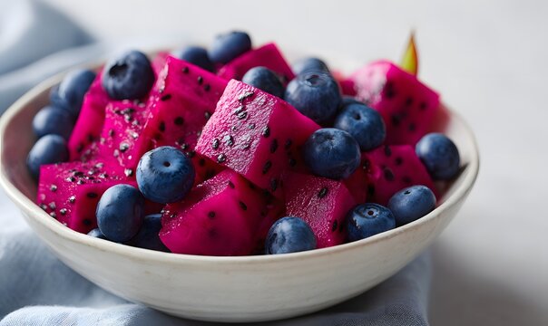 Close-up shot of a vibrant fruit bowl filled with bright magenta dragon fruit cubes and fresh blueberries, clean geometric cuts, glossy surfaces, rich natural colors, soft diffused lighting, minimal b