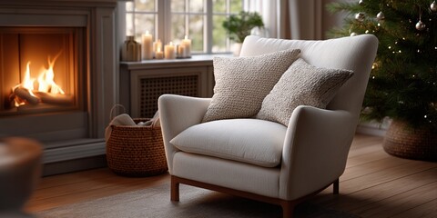 Fototapeta premium Cozy living room with armchair by fireplace and christmas tree