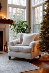 Fototapeta premium Cozy armchair by fireplace with festive christmas decorations in sunlit living room
