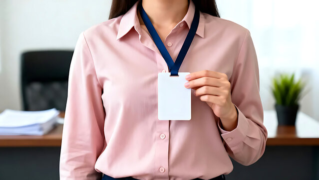 Professional woman holding blank name tag in office, ready for branding and personalized identity at corporate event