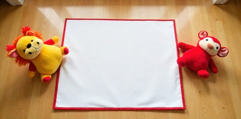 Cozy, colorful play mat area with a variety of safe, age appropriate infant toys scattered around, ready for exploration. A soft, colorful play mat with a scattering of safe, age appropriate infant