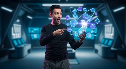 A young man in a futuristic environment interacts with a holographic interface projected from a tablet device, showcasing advanced technology and digital innovation