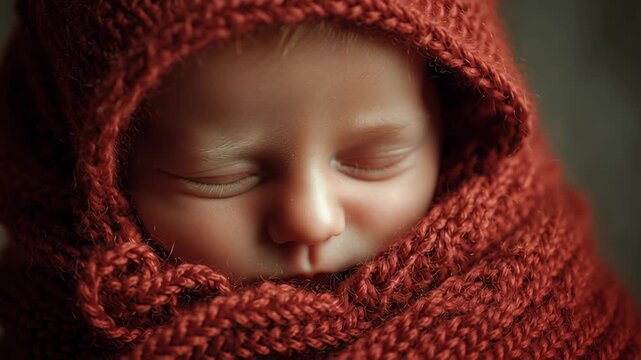 A baby is sleeping in a red blanket. The blanket is knitted and has a hood. The baby's face is covered by the blanket. Baby wrapped in red knit blanket with soft glowing highlights