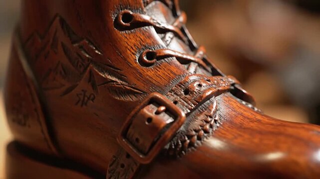Close-up of a carved wooden boot with intricate details and a focus on craftsmanship