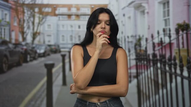 Young hispanic woman touching chin gesture on city street beside iron fence and parked cars; quiet contemplation.