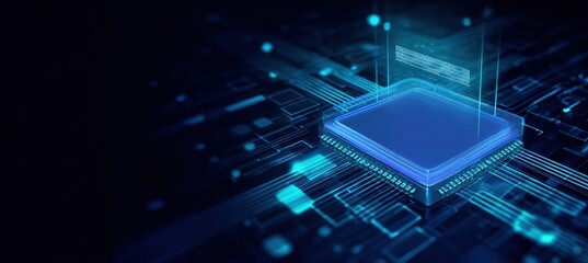 Blue Tech Chip on Digital Circuit Background. It shows a futuristic, technological element, ideal for AI, electronics, Great for tech ads, industry reports, and digital design projects.