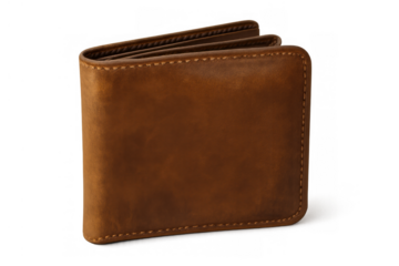 Brown leather bifold wallet holding money and financial essentials, personal accessory for everyday use, transparent background