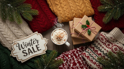 Cozy winter sale flat lay with a Winter Sale sign, a steaming mug of hot chocolate, sweaters and gift boxes on a rustic wood table
