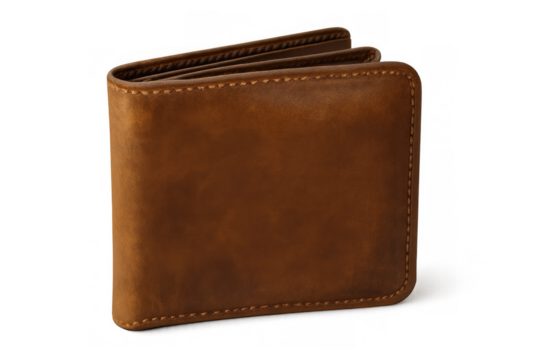 Brown leather bifold wallet holding money and financial essentials, personal accessory for everyday use, transparent background