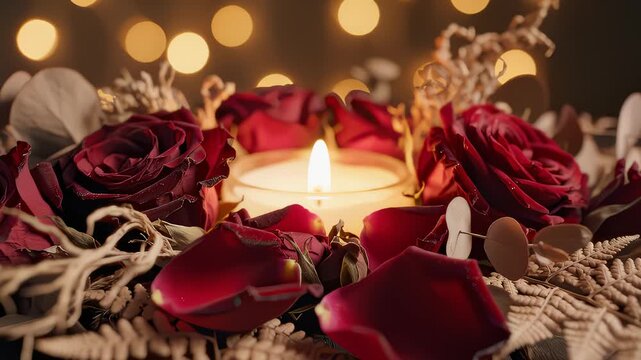 Candle Burns Among Roses and Petals for Romantic Mood Lighting