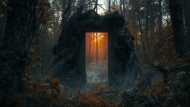 Enchanted Doorway Surrounded by Mystical Forest Landscape at Sunset