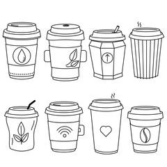 Black and white line art drawing showing disposable drink cups in various designs with different symbols. This icon set includes cups for coffee, tea, or hot beverages.