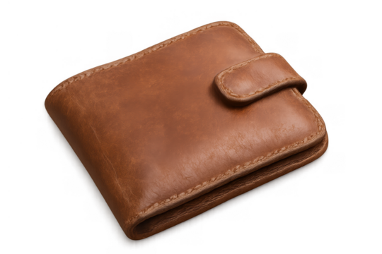 Brown leather wallet with button clasp, symbolizing personal finance, savings, and wealth management, transparent background