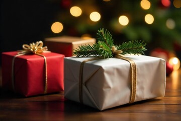 Cozy Christmas Gift Scene with Warm Lighting and Festive Decorations A close up, still life shot of several beautifully wrapped Christmas gifts. One gift is topped with a sprig of evergreen and a