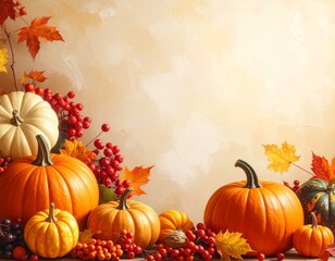 Generated image. Autumn decor from pumpkins, berries and leaves. Background of Thanksgiving day