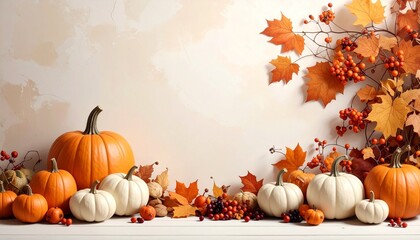 Generated image. Autumn decor from pumpkins, berries and leaves. Background of Thanksgiving day