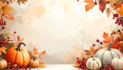 Generated image. Autumn decor from pumpkins, berries and leaves. Background of Thanksgiving day