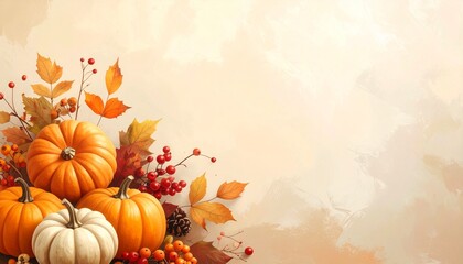Generated image. Autumn decor from pumpkins, berries and leaves. Background of Thanksgiving day