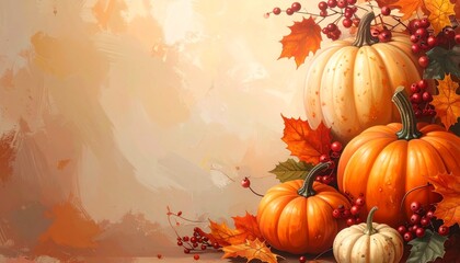 Generated image. Autumn decor from pumpkins, berries and leaves. Background of Thanksgiving day