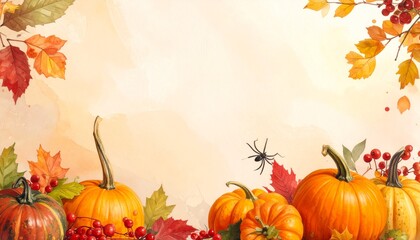 Generated image. Autumn decor from pumpkins, berries and leaves. Background of Thanksgiving day