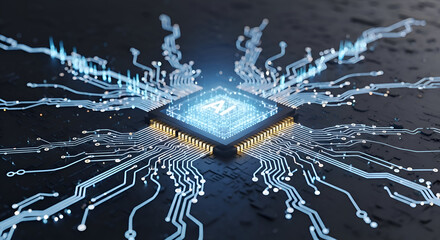 Modern AI microchip with glowing circuitry, representing cutting-edge technology and innovation for digital transformation solutions and tech advancements