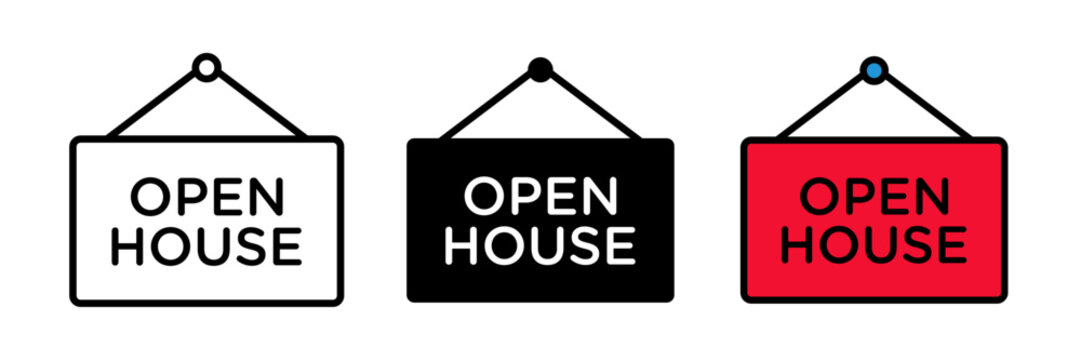 Open house icon, typically shown as a house with an open door or a “welcome” sign, symbolizing property viewings or real estate events.