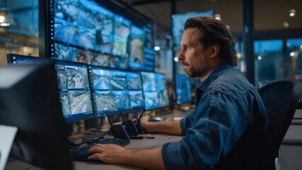 Focused Vigilance: A dedicated professional monitors multiple screens, overseeing a complex surveillance system with unwavering concentration.