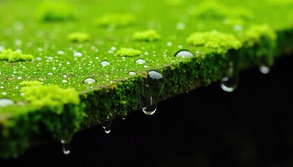 Close up of water droplets forming and falling from a mossy ledge into a small spring. Extreme close up macro shot of water droplets forming and then falling from a vibrant green mossy ledge into a