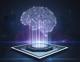 Futuristic glowing AI brain hologram floating above a digital device with circuits on a dark tech background.