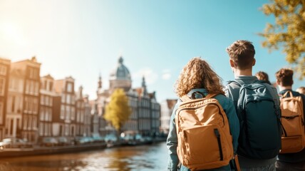 Group of travelers enjoying scenic view of amsterdam canals and historic architecture with sunlight glowing in background