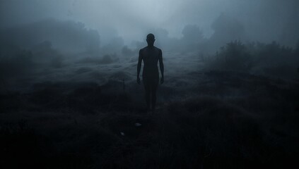 Fototapeta premium Mysterious Silhouette of a Figure in a Foggy Landscape at Dusk