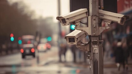 Surveillance cameras: An array of security cameras stand vigilantly, keeping a watchful eye on a bustling cityscape, safeguarding public spaces.  - Powered by Adobe
