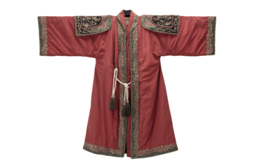 Antique red silk robe with intricate gold embroidery isolated on transparent background