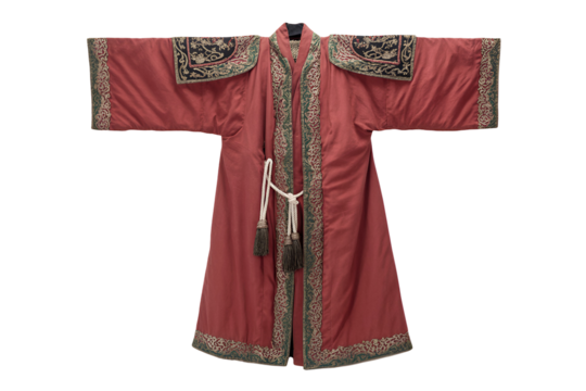 Antique red silk robe with intricate gold embroidery isolated on transparent background