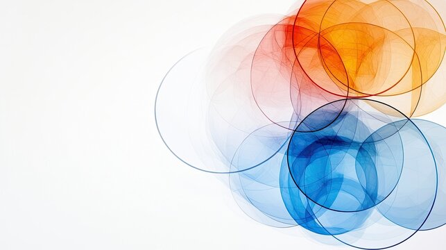 A cluster of translucent, overlapping circles in shades of blue and orange creates an abstract pattern against a clean white background.