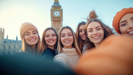 Smiling group of young women posing together in front of big ben in london during sunny day with clear blue sky