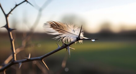 A close-up of a delicate feather caught on a thorny branch during sunset in a natural outdoor setting