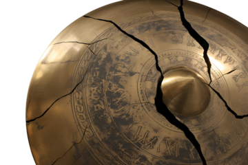 Antique cracked brass cymbal isolated on transparent background