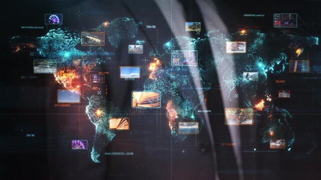 Digital world map displaying global network connections