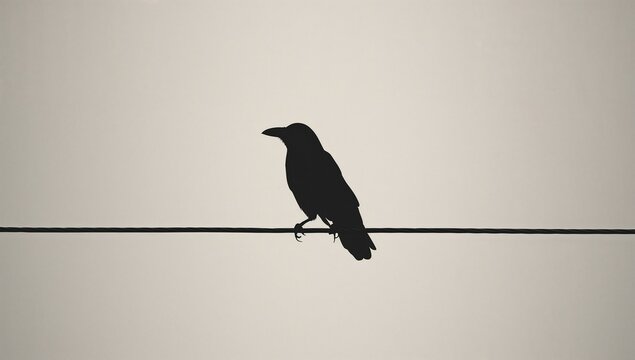 Silhouette of a Bird Sitting on a Power Line Against a Gray Background