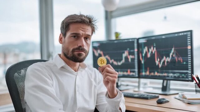 Bitcoin Investor's Dilemma: A focused investor, holds a Bitcoin, his expression hinting at the unpredictable nature of cryptocurrency and the dynamic stock market reflected on the monitors
