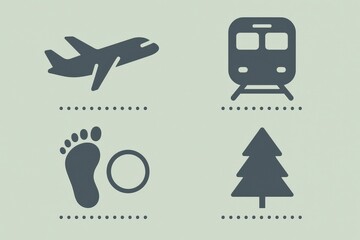 Obraz premium Transportation Icons Representing Air Travel, Land Transit, Footprints, and Nature Symbolism Captured in Minimalist Design captured with clarity