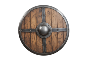 Rustic viking round shield with metal boss isolated on transparent background