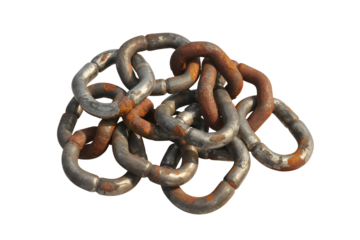 Tangled rusty metal chain links isolated on transparent background