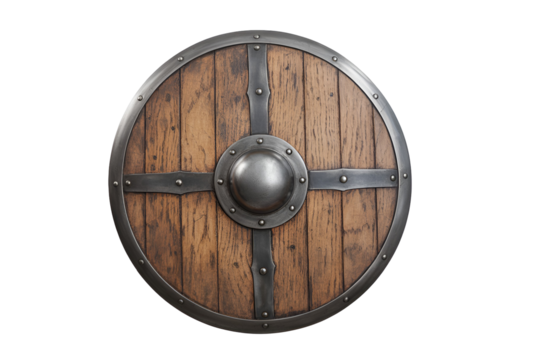 Rustic viking round shield with metal boss isolated on transparent background