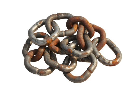 Tangled rusty metal chain links isolated on transparent background