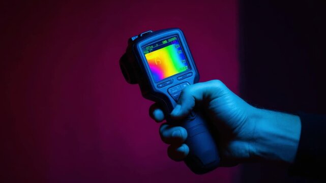 Thermal Imaging Device in Action: A hand grips a thermal imaging camera, its screen displaying a vibrant spectrum of colors, capturing the unseen heat signatures.