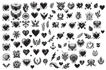 Collection of many heart shapes and symbols of love and romance, a wide variety of elegant icons for design purposes.