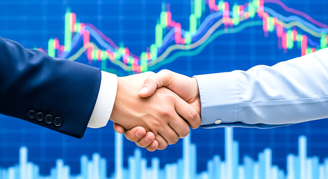 Two people shaking hands over a vibrant stock market chart, symbolizing a financial deal or business collaboration.